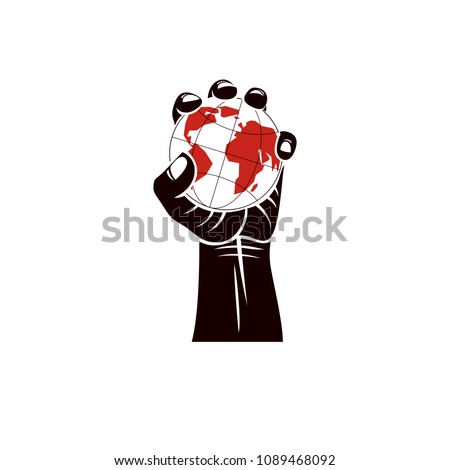 Raised arm holds Earth globe, vector illustration. Authority as the means of global control and manipulation 