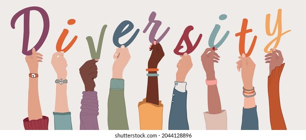 Raised arms of a group of diverse multi-ethnic international people holding the letters forming the word Diversity in their hands. Racial equality concept. Variety of people. Allyship