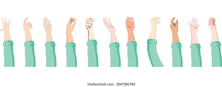 Raised arms of a group of international people, multi cultural people shows community 