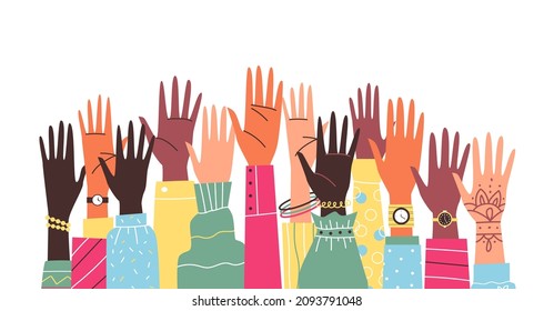 Raised arms and hands of diverse multicultural people, cartoon vector illustration on white background. Group of peoples arms voting or greeting. Banner with copy space for text.