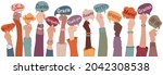 Raised arms and hands of multi-ethnic people from different nations and continents holding speech bubbles with text -thank you- in various international languages.Communication.Equality