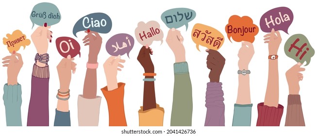 Raised arms and hands of multiethnic people from different nation country and continents holding speech bubbles with text -hallo- in various international languages.Communication.Equality