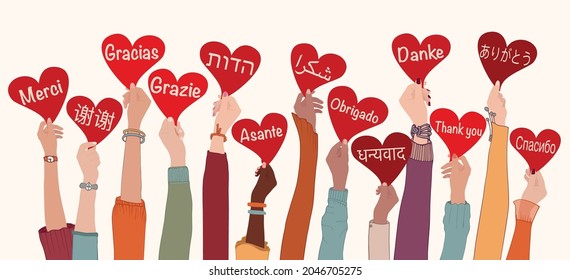 Raised arms and hands of multi-ethnic people from different nations and continents holding heart with text -thank you- in various international languages.Communication.Equality. Allyship