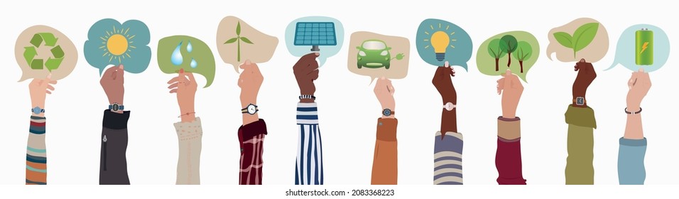 Raised arms of multicultural diverse people holding speech bubble with symbols relating to ecology green and clean environment solar energy recycling and reuse for a sustainable future