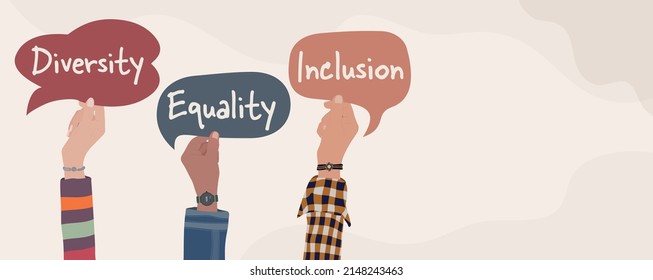 Raised arms of multicultural men and woman holding speech bubble whit text -Diversity - Equality - Inclusion - People of diverse cultures. Banner copy space. Tolerance and acceptance