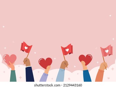 Raised arms of people holding a heart and flags, Charity, community and donation poster template. 