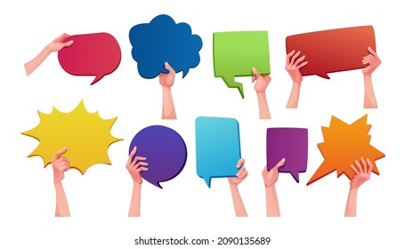 Raised arms of people holding speech bubble in hand isolated cartoon signs set. Vector hands with empty chat clouds, talking chatting and sharing information on social networks, expressing opinion