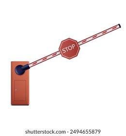 Raised barrier with red stop sign restricting entry and exit for car at checkpoint. Isolated vector illustration on white background.