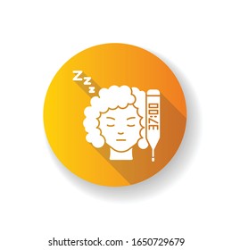 Raised basal temperature orange flat design long shadow glyph icon. Early pregnancy symptom. Girl feeling sick. Ill woman. Lady with fever. Thermometer check. Silhouette RGB color illustration