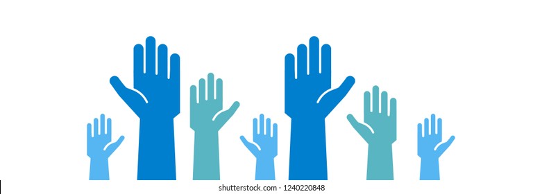 Raised blue hands volunteering to help a good cause. Vector trendy flat icon for volunteer, charity, donation and contribution concepts