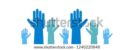 Raised blue hands volunteering to help a good cause. Vector trendy flat icon for volunteer, charity, donation and contribution concepts