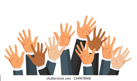 Raised businessman hands of different race skin color isolated on white background. Vector illustration.