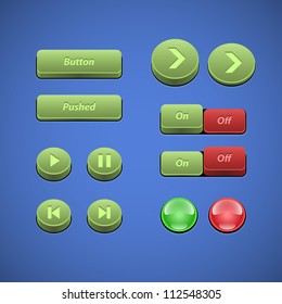 Raised Buttons Green And Red UI Controls Web Elements: Buttons, Switchers, On, Off, Player, Audio, Video: Play, Stop, Next, Pause, Arrows