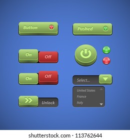 Raised Buttons Green And Red UI Controls Web Elements: Buttons, Switchers, On, Off, Player, Audio, Video: Play, Stop, Next, Pause, Arrows, Unlock, Drop-down List