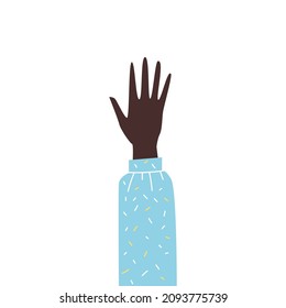 Raised in cheering or voting gesture hand of african american person, flat vector illustration isolated on white background. Human race diversity and equality.