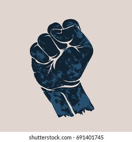 Raised Up Clenched Fist. Element Of Retro Style Design Vintage Poster. Silhouette Stencil.