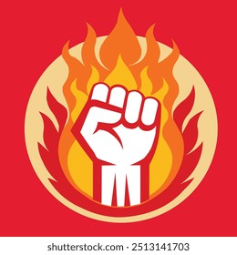A raised clenched fist in front of flames, symbolizing strength and resistance, on a circular red background.