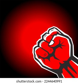 Raised clenched fist on red background. Vector design element in retro style
