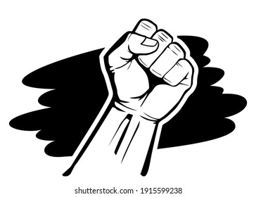 Raised Clenched Fist Of Protest Against Black Cloud Background. Revolutionary Vector