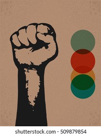 raised up clenched fist. retro style design. Vintage poster. Silhouette. Creative poster with a raised up clenched fist