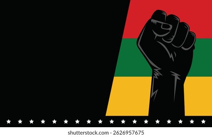 Verhoogde gebalde vuist met glanzende sterren en Juneteenth kleuren. Sterk symbool van macht, verzet en viering. Bevat copyspace voor bericht of titel.