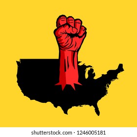 Raised and clenched fist in the United states of America - violent revolution, uprising and unrest in USA. Vector illustration