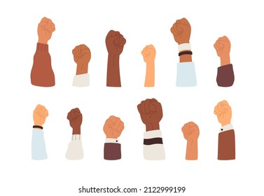 Raised clenched fists set. Diverse hands power, fighting for human rights. People arms up. Courage, rebellion, demonstration and strike concept. Flat vector illustrations isolated on white background