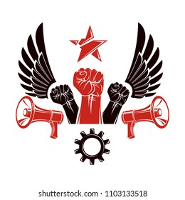 Raised clenched fists vector illustration composed with loudspeakers equipment and engineering cog wheel. Propaganda as the means of manipulation and control
