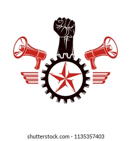 Raised clenched fists vector illustration composed with loudspeakers equipment and engineering cog wheel. Propaganda as the means of manipulation and control