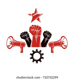 Raised clenched fists vector illustration composed with loudspeakers equipment and engineering cog wheel. Propaganda as the means of manipulation and control