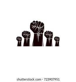 Raised clenched fists vector illustration. Revolution idea symbol can be used as tattoo, no limits and restrictions concept.