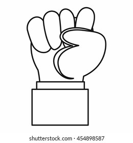Raised up clenched male fist icon in outline style isolated vector illustration