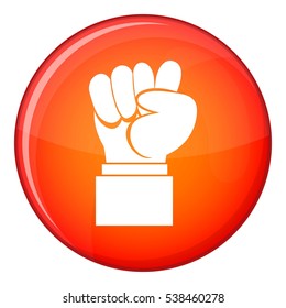 Raised up clenched male fist icon in red circle isolated on white background vector illustration