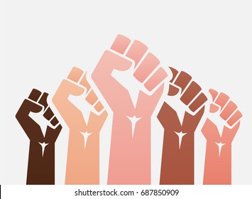 Raised colored fists set background - isolated vector illustration