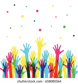 Raised colorful hands at a party. Waving hands in the fun event. Hand-voting in the crowd. Vector illustration