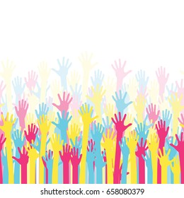 Raised colorful hands at a party. Waving hands in the fun event. Hand-voting in the crowd. Vector illustration