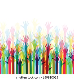 Raised colorful hands at a party. Waving hands in the fun event. Hand-voting in the crowd. Vector illustration