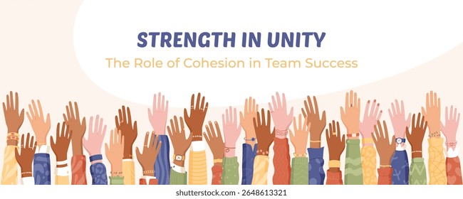 Raised colorful hands symbolize community unity and teamwork. A vibrant representation of people, solidarity, and diverse support. Ideal for charity, volunteerism, banners, social campaigns,