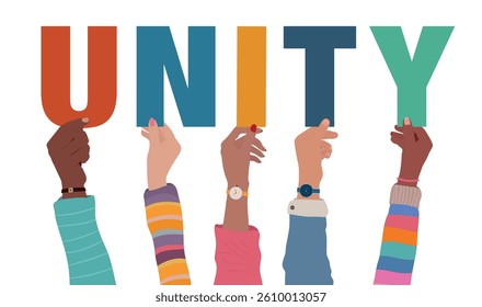Raised diverse hands holding letters spelling UNITY. Multicultural collaboration and inclusion concept. Transparent background