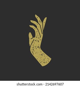 Raised up elegant human hand golden antique grunge texture decorative design vector illustration. Female arm silhouette drawing logotype manicure salon beauty ancient emblem isolated on black