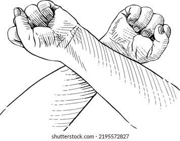 Raised female arms crossed with closed fists. Black and white illustration, isolated, hand gesture concept