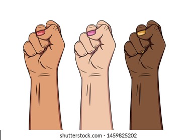 raised female fist hand. Girl Power. People protest and fight for their rights. Concept of revolution or protest. symbol of victory, strength, power and solidarity. Isolated vector illustartion. 