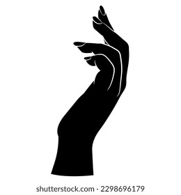 Raised up female hand in elegant gesture. Black and white negative silhouette.