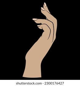 Raised up female hand in elegant gesture. Cartoon style. On black background.