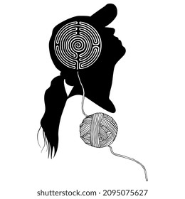 Raised up female head with round spiral maze or labyrinth symbol inside and yarn ball thread leading to it. Modern Ariadne. Black and white silhouette. Creative concept.