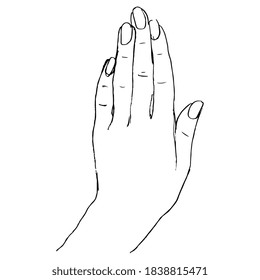 Raised up female human hand. Top view. Hand drawn linear doodle ink sketch. Black silhouette on white background.