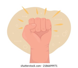 Raised fist 2D vector isolated illustration. Empowerment symbol flat hand gesture on cartoon background. Protest and resistance colourful editable scene for mobile, website, presentation