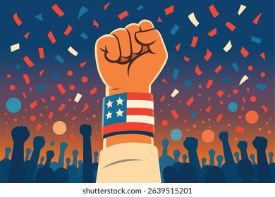 A raised fist against the background of the crowd and confetti in American colors. Vector image of a raised fist with an armband in the colors of the US flag. July 4, election day, Rallies.