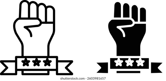 Raised fist with badge icon, strength and empowerment symbol, workers' rights and Labour Day illustration with transparent background