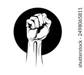 Raised fist black icon on white background vector illustration for presentation, infographic. Human hand up concept sign. Protest, victory, strength, power and solidarity.